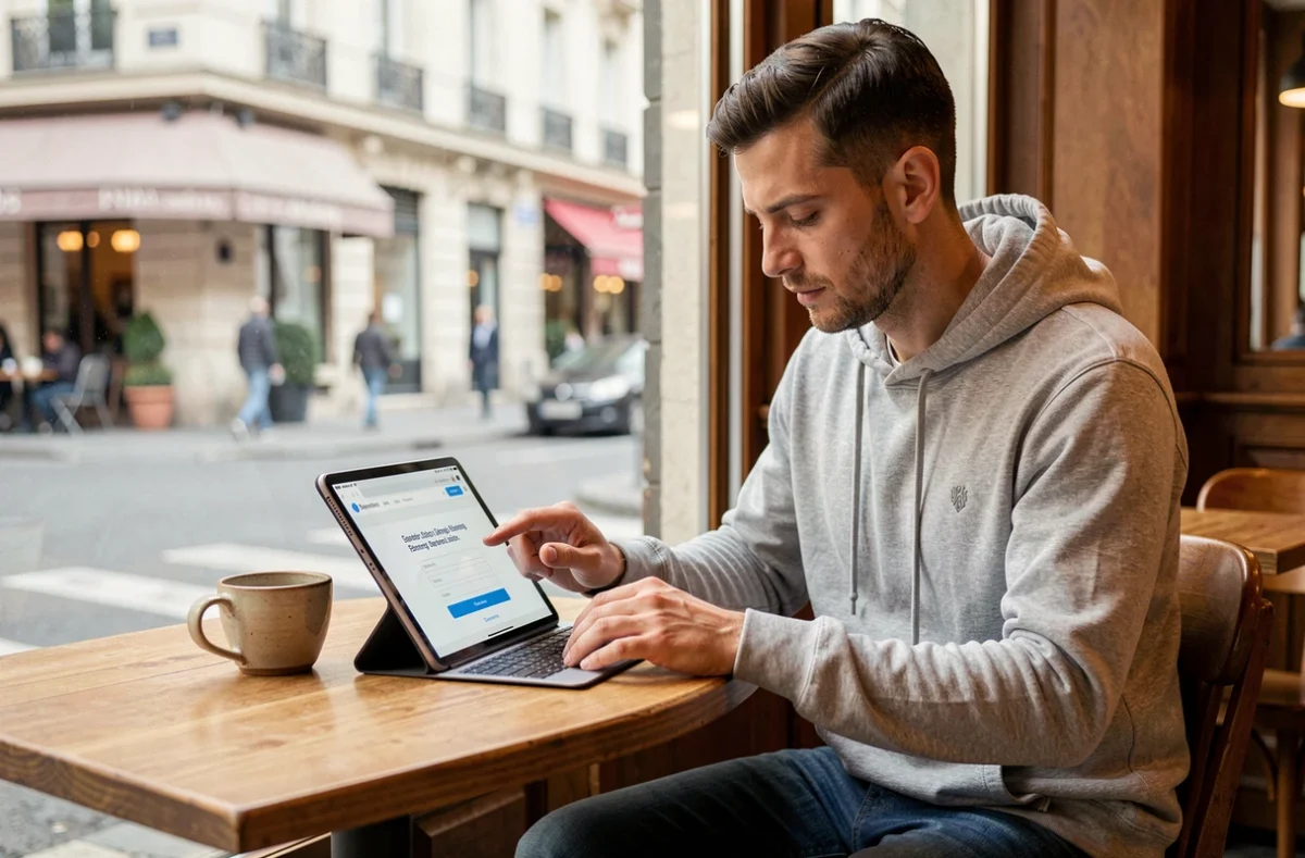 Homme utilisant une tablette dans un café parisien pour accéder aux services en ligne de la mairie de Paris