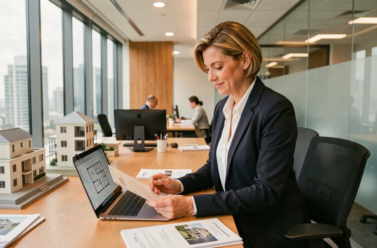 Agente immobilière professionnelle consultant des documents de propriété dans un bureau moderne de LT Immobilier