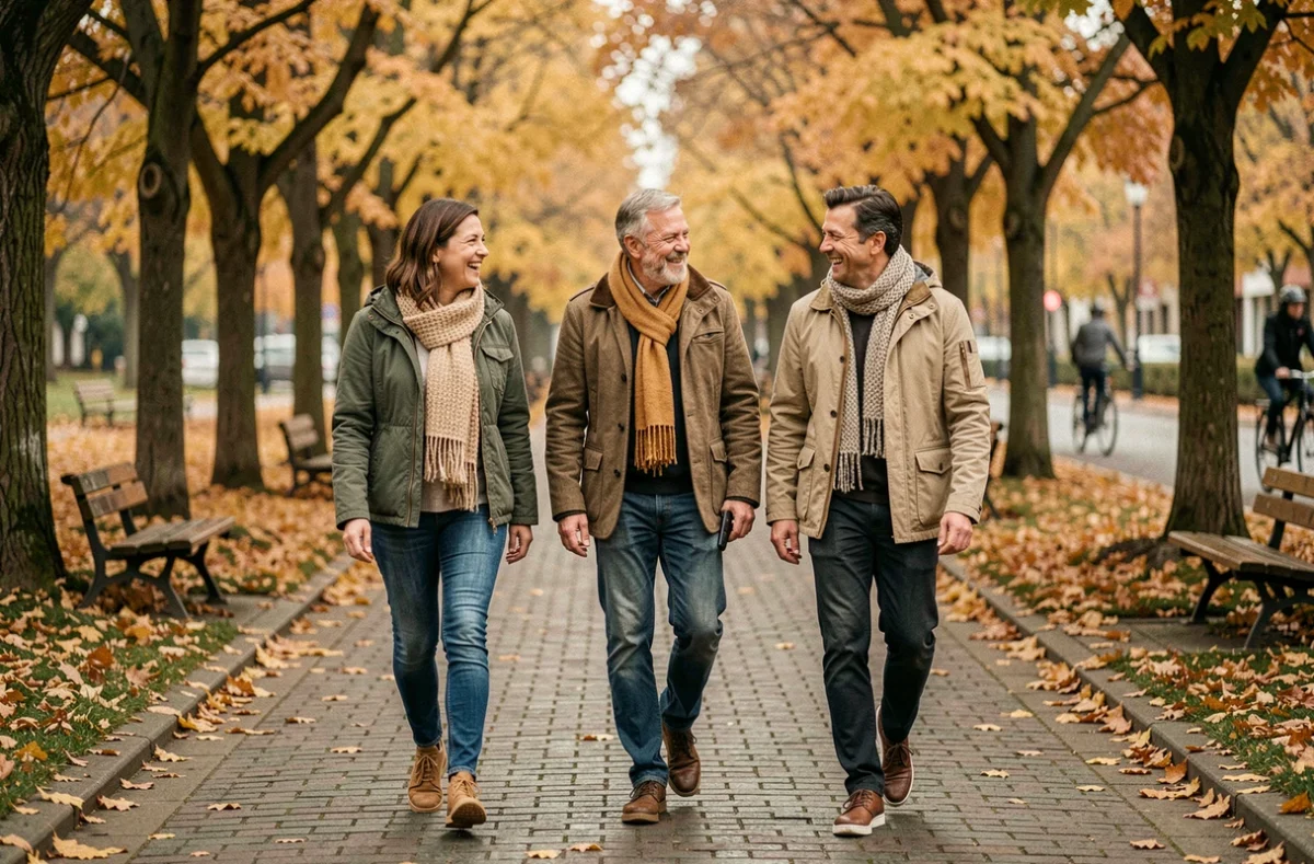 Groupe d'amis marchant ensemble dans un parc urbain en automne pour favoriser le bien-être social et physique