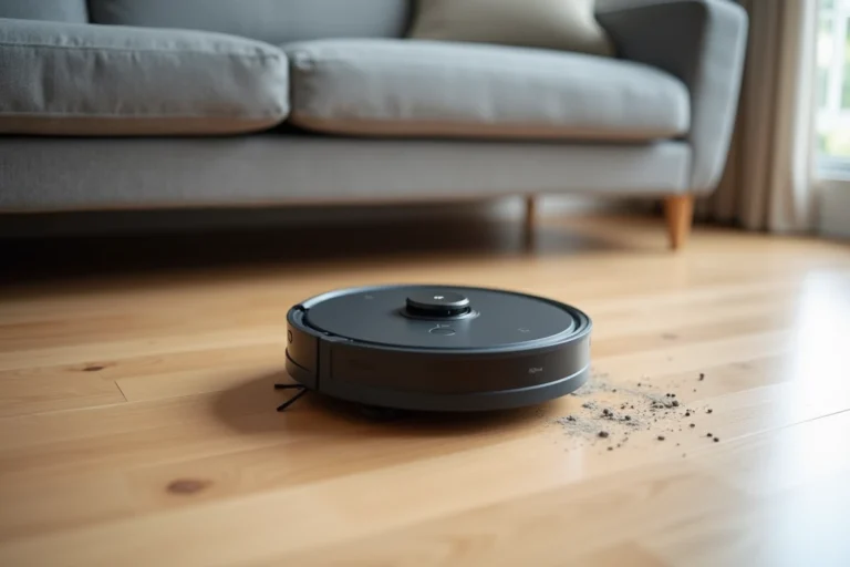 Aspirateur robot sur parquet en chêne dans un salon moderne avec des débris visibles autour de lui