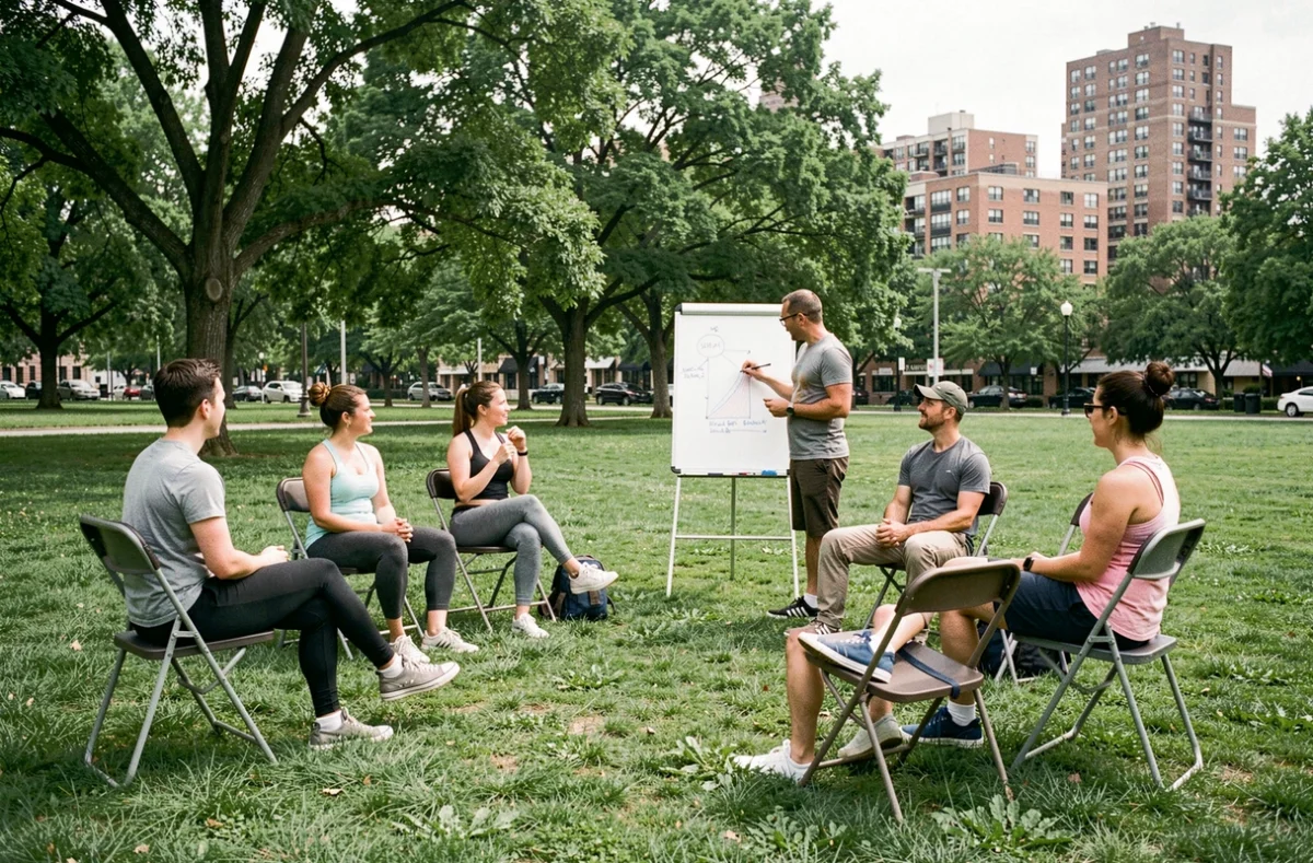 Atelier en plein air organisé par l'association Flow3 avec un groupe de participants dans un parc urbain