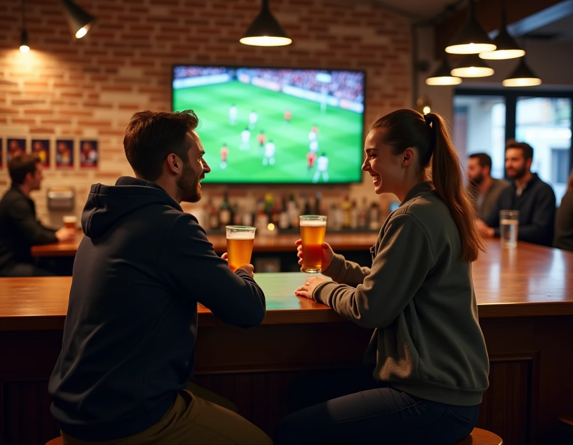Deux amis regardant le Top 14 de rugby dans un bar sportif comme alternative à un abonnement Canal Plus