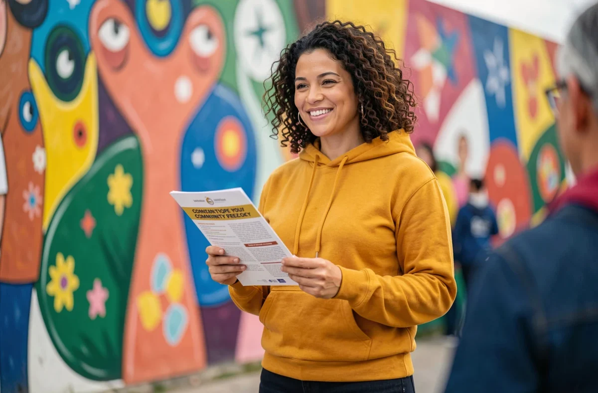 Bénévole de l'association Flow3 présentant les nouveautés de l'association devant une fresque murale colorée