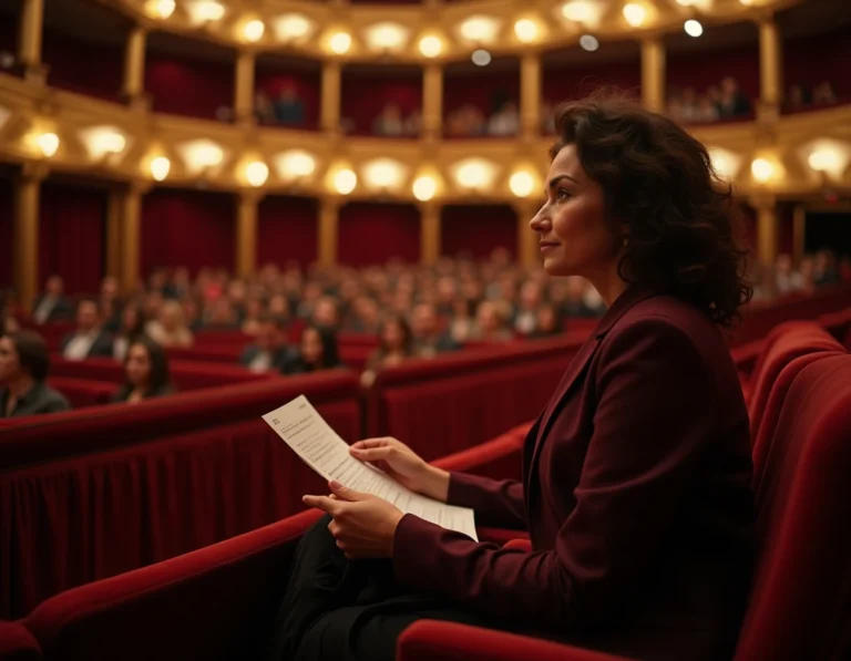 Femme assise au balcon d'une salle de spectacle classique, profitant d'une vue privilégiée sur la scène depuis les meilleures places