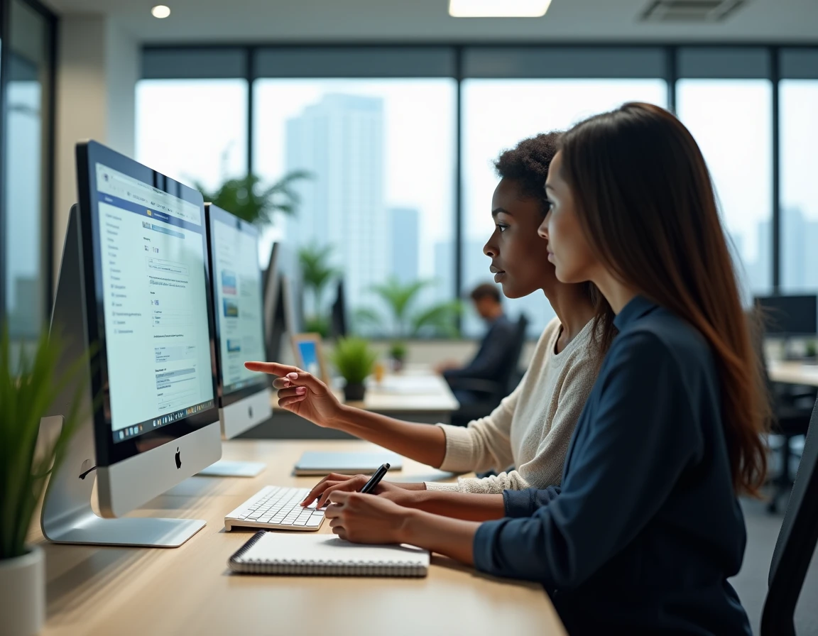 Deux femmes collaborant devant un ordinateur pour naviguer sur la plateforme de concours IGPEDE dans un bureau professionnel