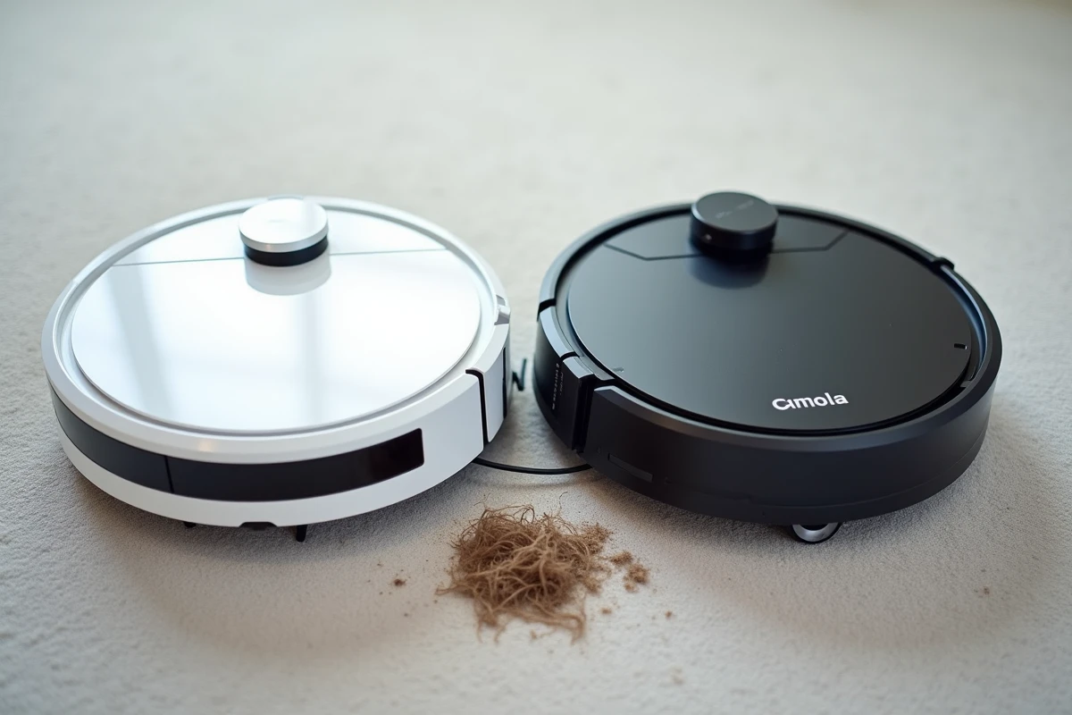Comparaison de deux aspirateurs robots côte à côte sur moquette grise pour évaluer leur puissance en Pa