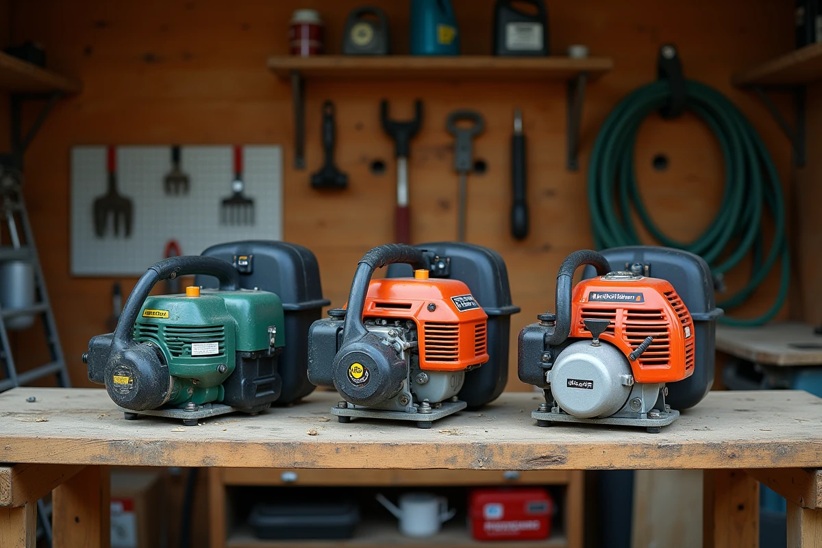 Comparaison de trois modèles de débroussailleuses électrique, sans fil et thermique posées sur un établi en bois dans un atelier de jardin