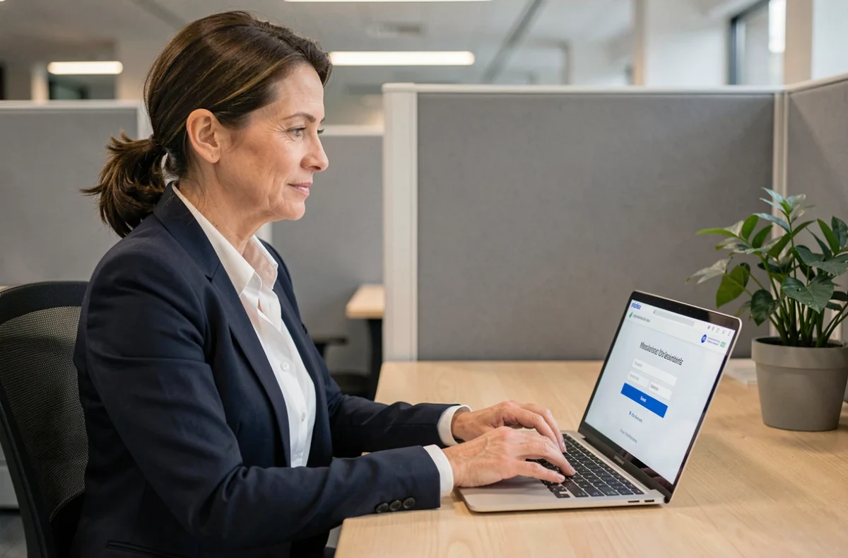 Femme professionnelle connectée à un portail en ligne municipal depuis son bureau avec un ordinateur portable