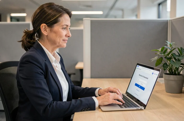 Femme professionnelle connectée à un portail en ligne municipal depuis son bureau avec un ordinateur portable