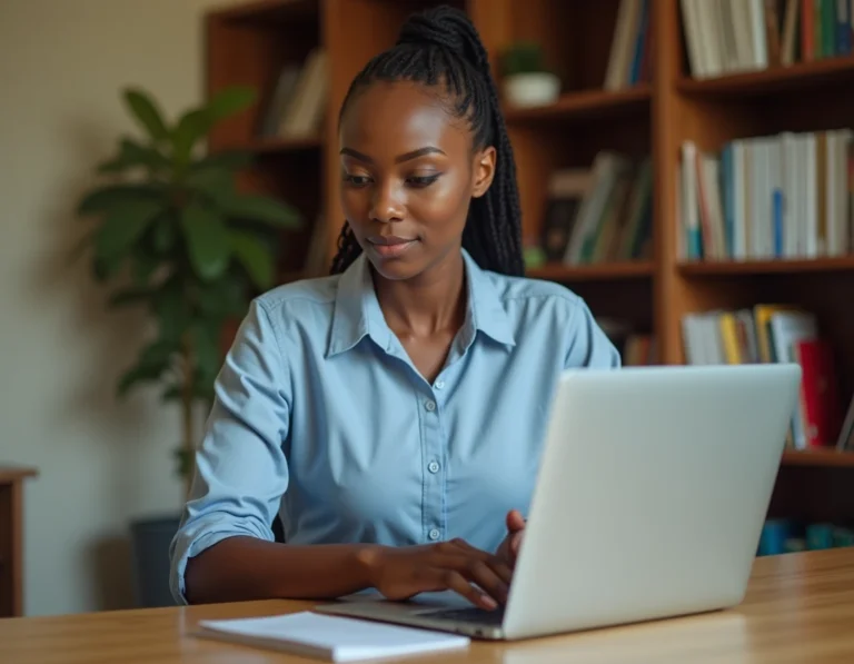Jeune femme se connectant à la plateforme IGPEDE sur un ordinateur portable dans un bureau à domicile organisé