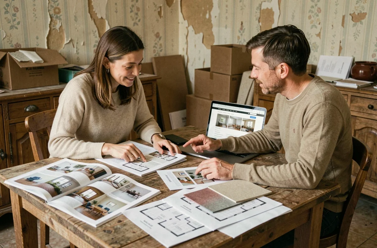 Couple planifiant la rénovation de leur maison avec des magazines déco et un guide en ligne sur ordinateur portable
