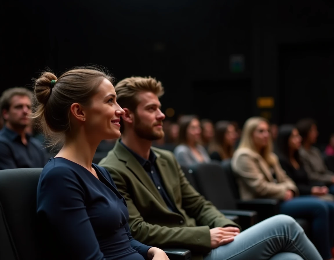 Couple installé au premier rang d'un théâtre intime, profitant pleinement du spectacle depuis des places proches de la scène