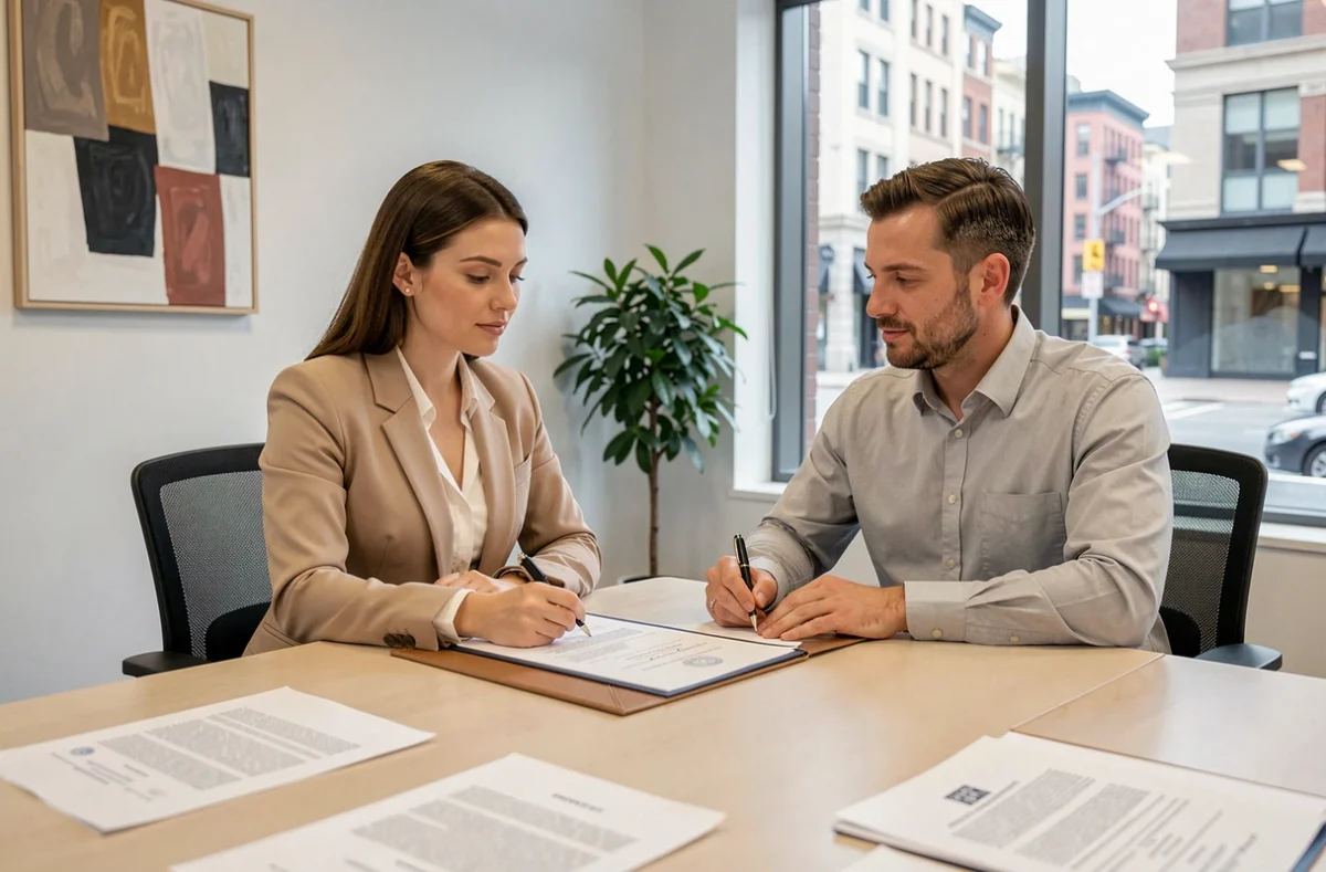 Couple signant un contrat d'union légale devant un conseiller juridique, en lien avec les dispositions de l'article 515-2 du Code civil