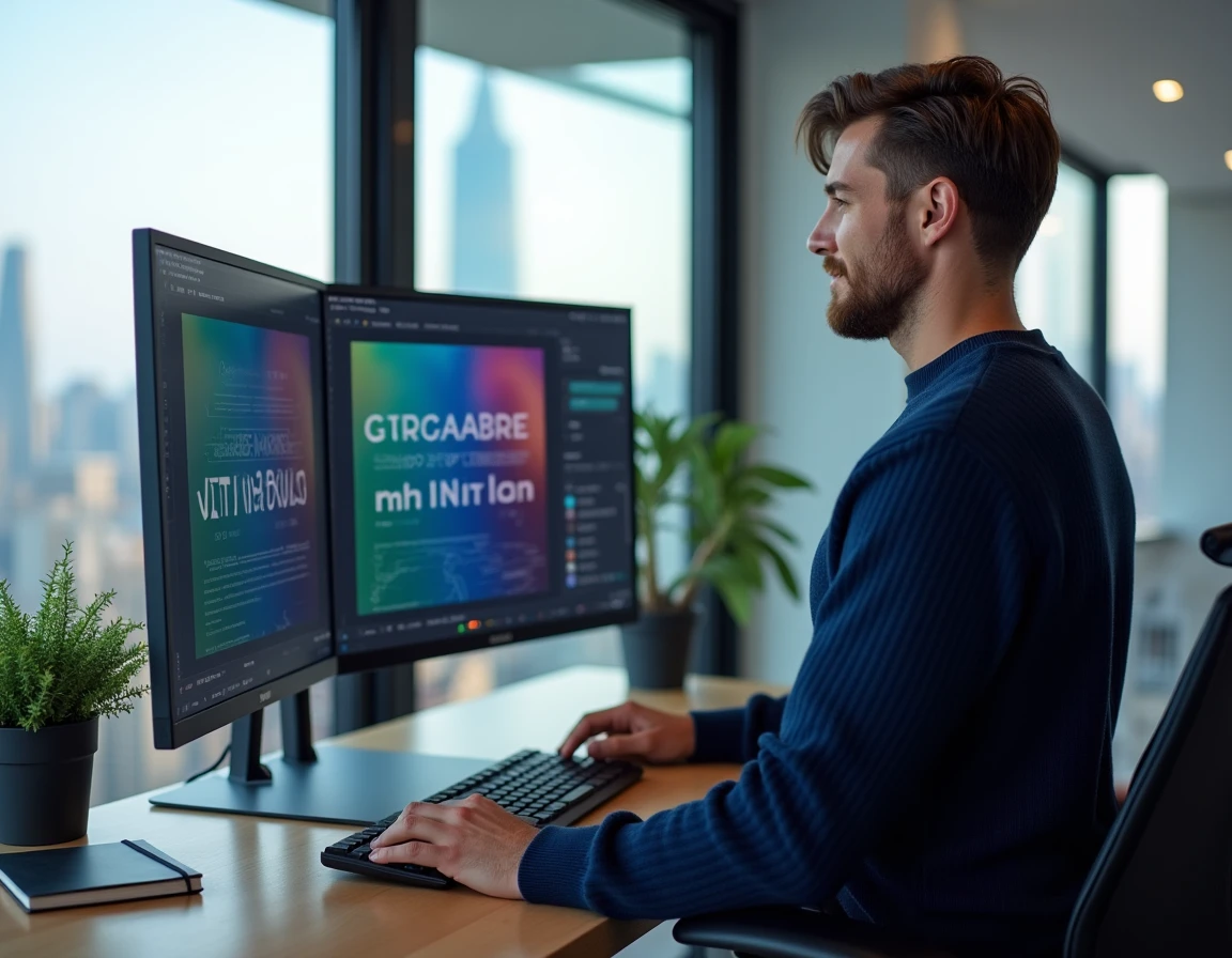 Designer web masculin travaillant sur des maquettes de site internet avec double écran dans un bureau à domicile avec vue urbaine