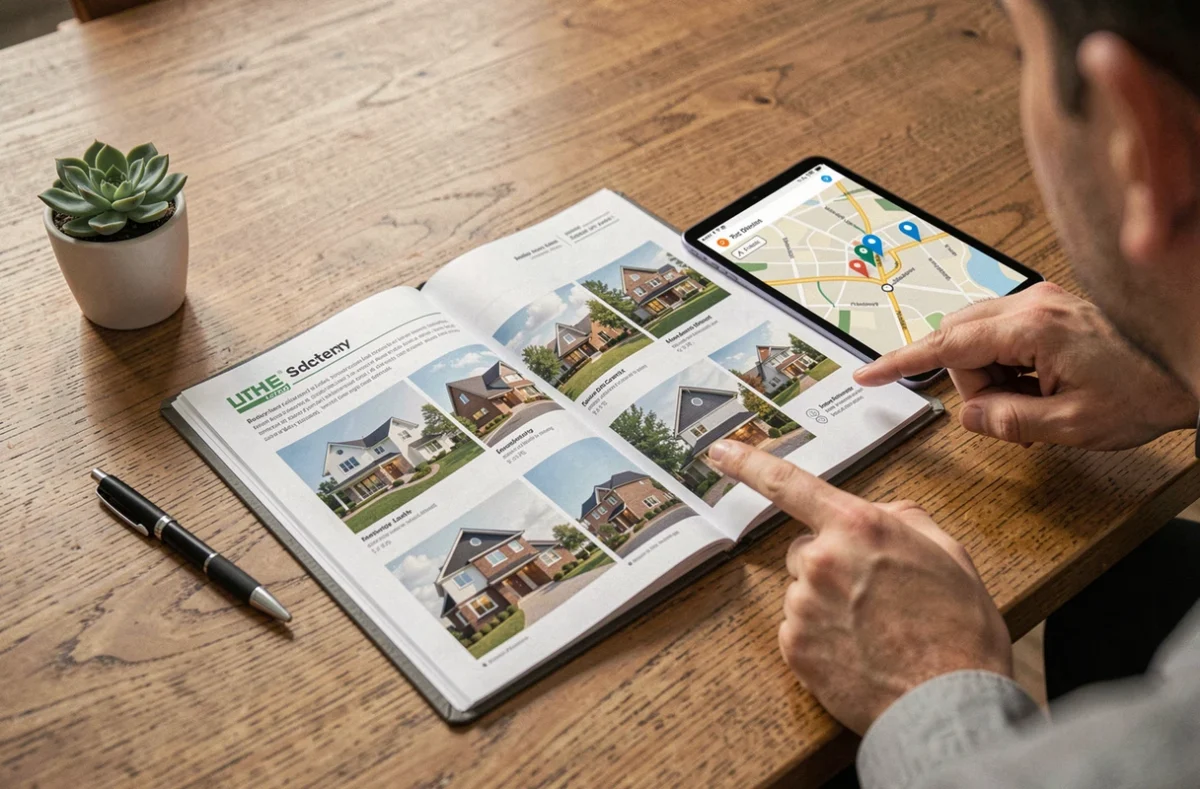 Vue plongeante sur des documents de listings immobiliers et une tablette numérique sur la table de réunion d'une agence LT Immobilier