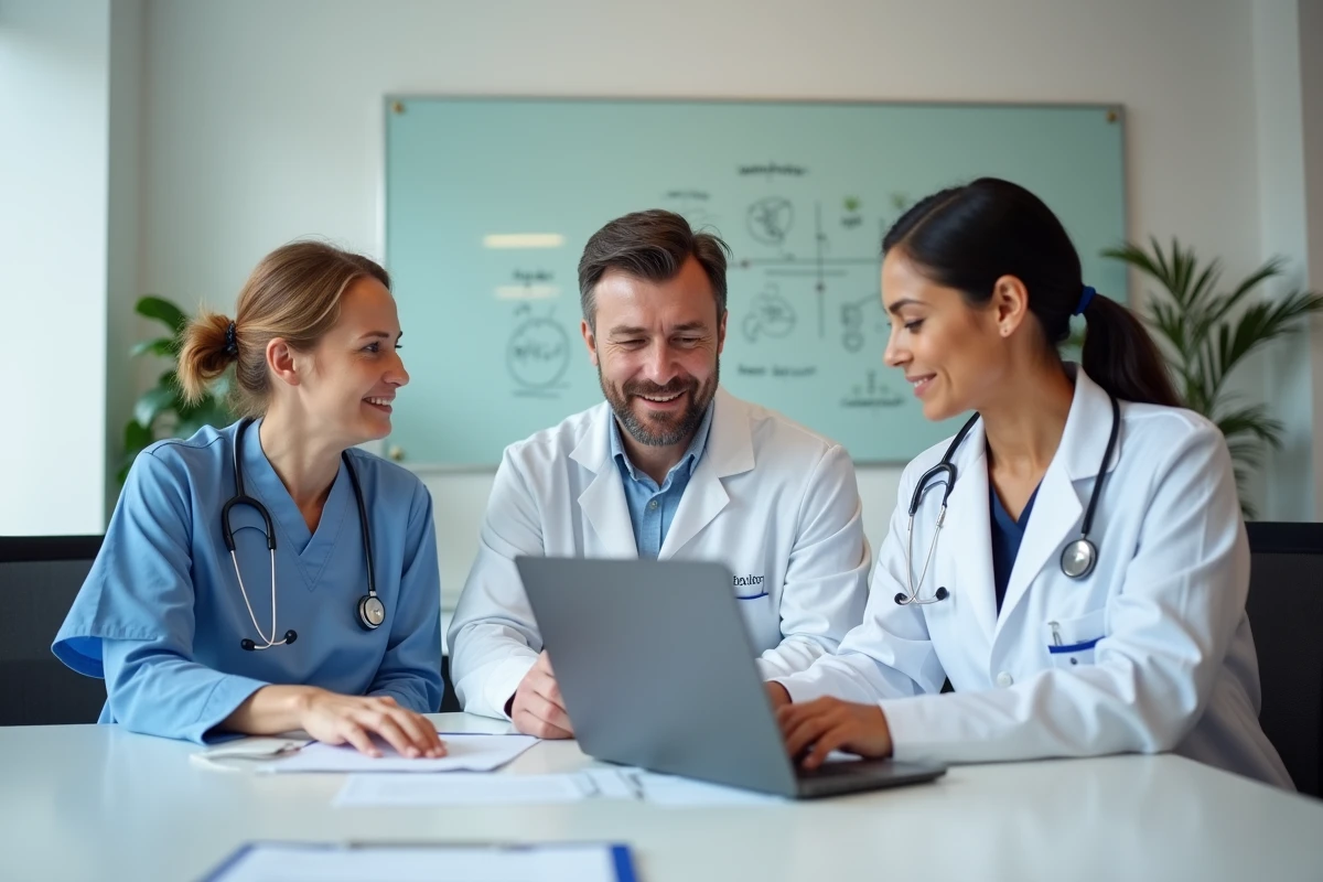 Groupe de professionnels de santé — chirurgienne, pharmacien et coordinatrice — collaborant autour d'une table de réunion dans un espace médical moderne, symbolisant les solutions collaboratives et innovantes dans le secteur de la santé