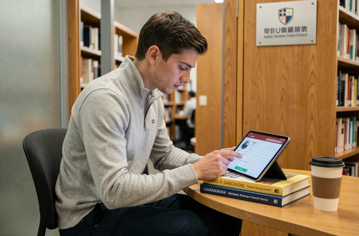 Étudiant NEOMA remplissant un formulaire en ligne sur tablette dans un espace de travail individuel calme de la bibliothèque universitaire