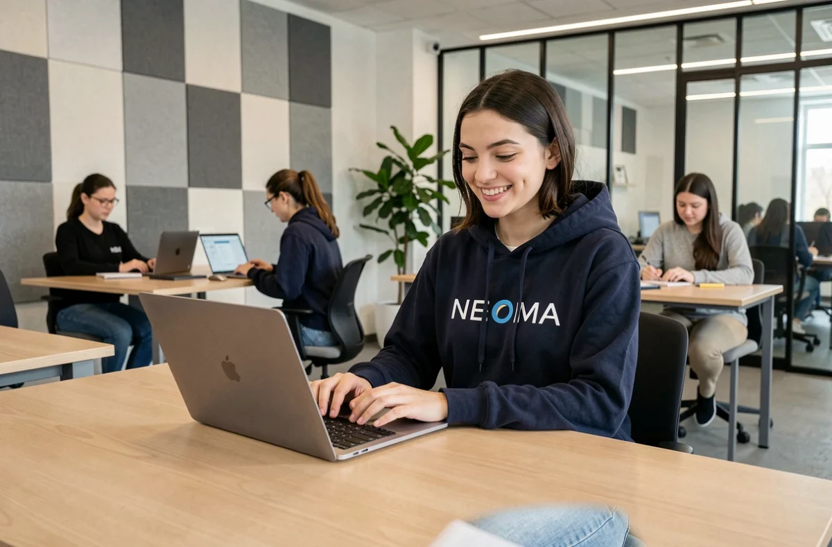 Étudiante NEOMA utilisant le portail numérique Neomagora sur son ordinateur portable dans un espace collaboratif moderne de l'école