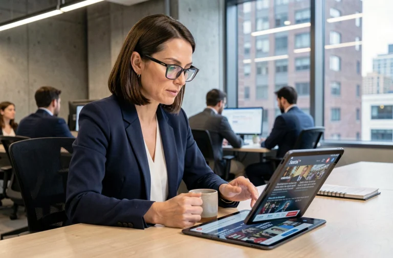 Femme professionnelle consultant les dernières actualités sur une tablette dans un bureau moderne