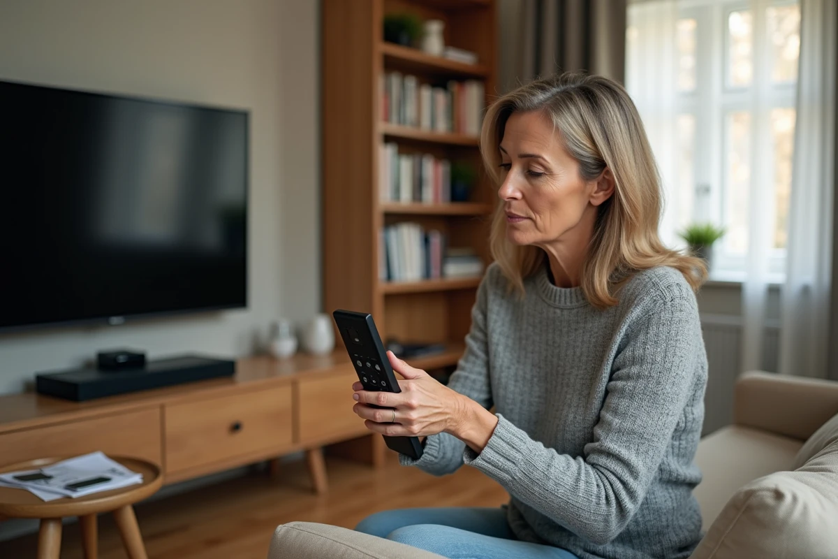Femme cherchant le code de sa Smart TV en examinant l'écran et la télécommande dans un salon moderne