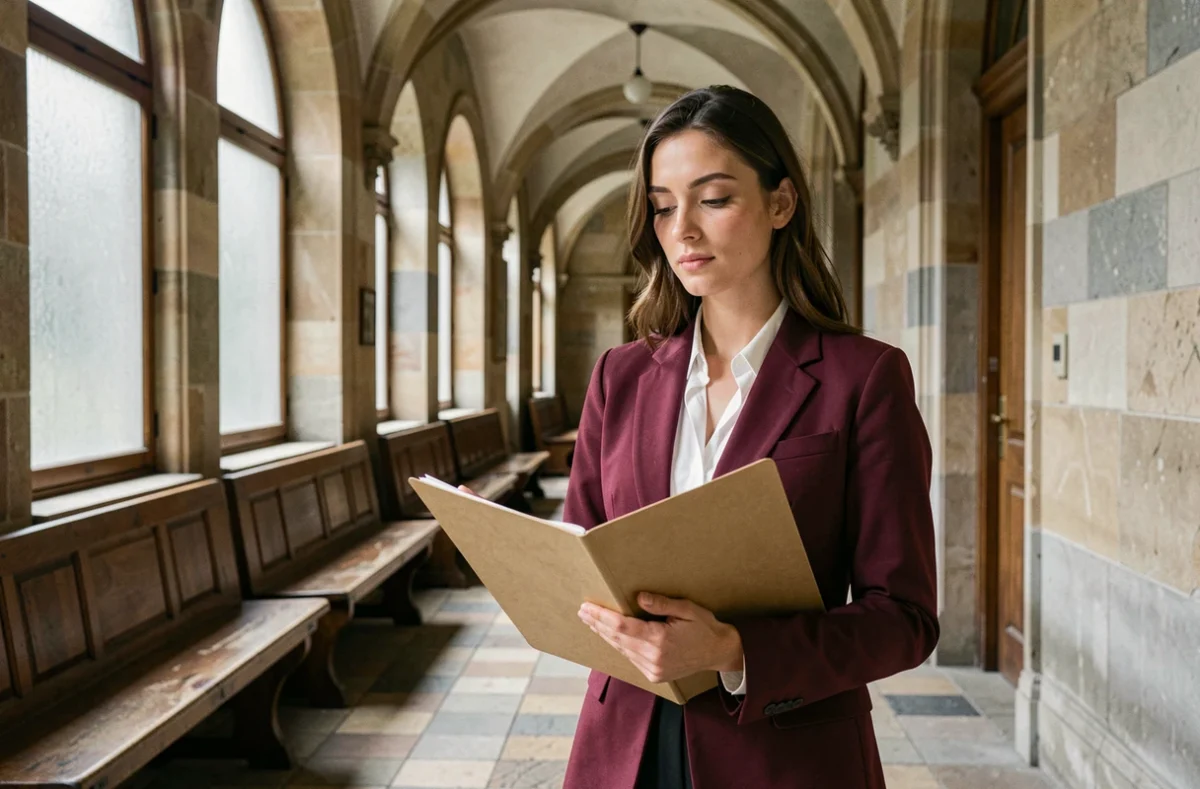 Jeune femme tenant des documents officiels dans un couloir de palais de justice, symbolisant les démarches liées aux unions légales selon l'article 515-2