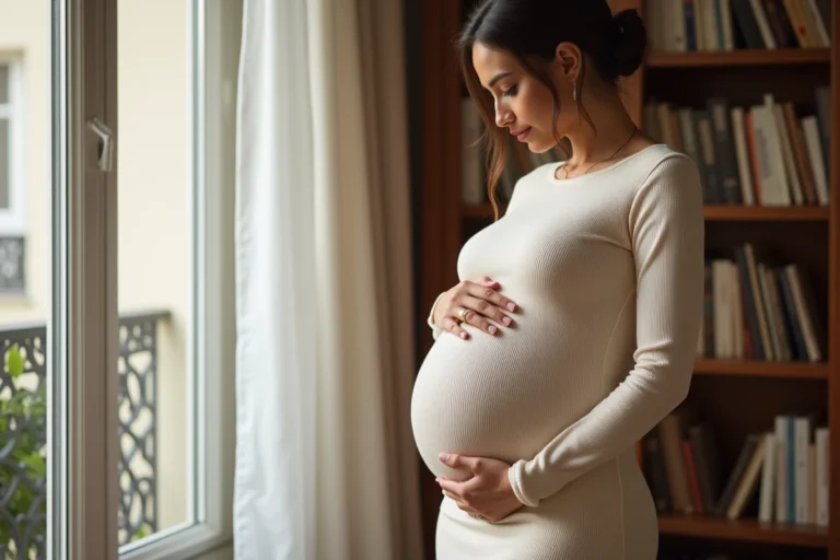 Femme enceinte en robe crème tenant son ventre arrondi dans un appartement parisien moderne, ambiance intimiste et séreine