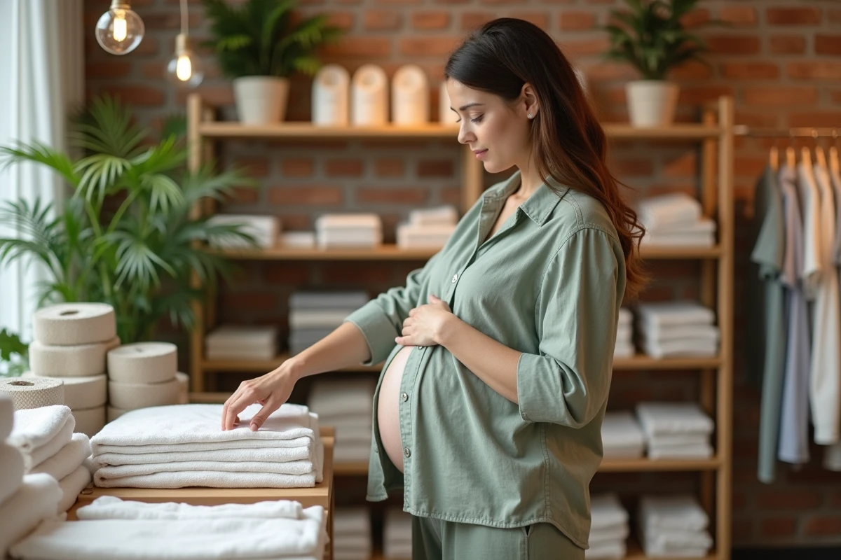 Femme enceinte en chemise lin vert sauge choisissant des articles bébé dans une boutique tendance décorée avec soin