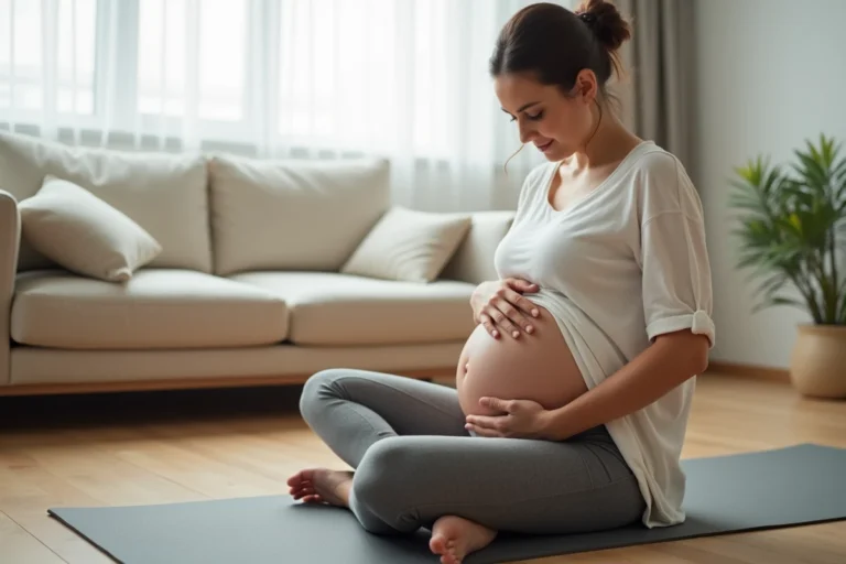 Femme enceinte massant sa cuisse pour soulager une cruralgie en position assise sur un tapis de yoga