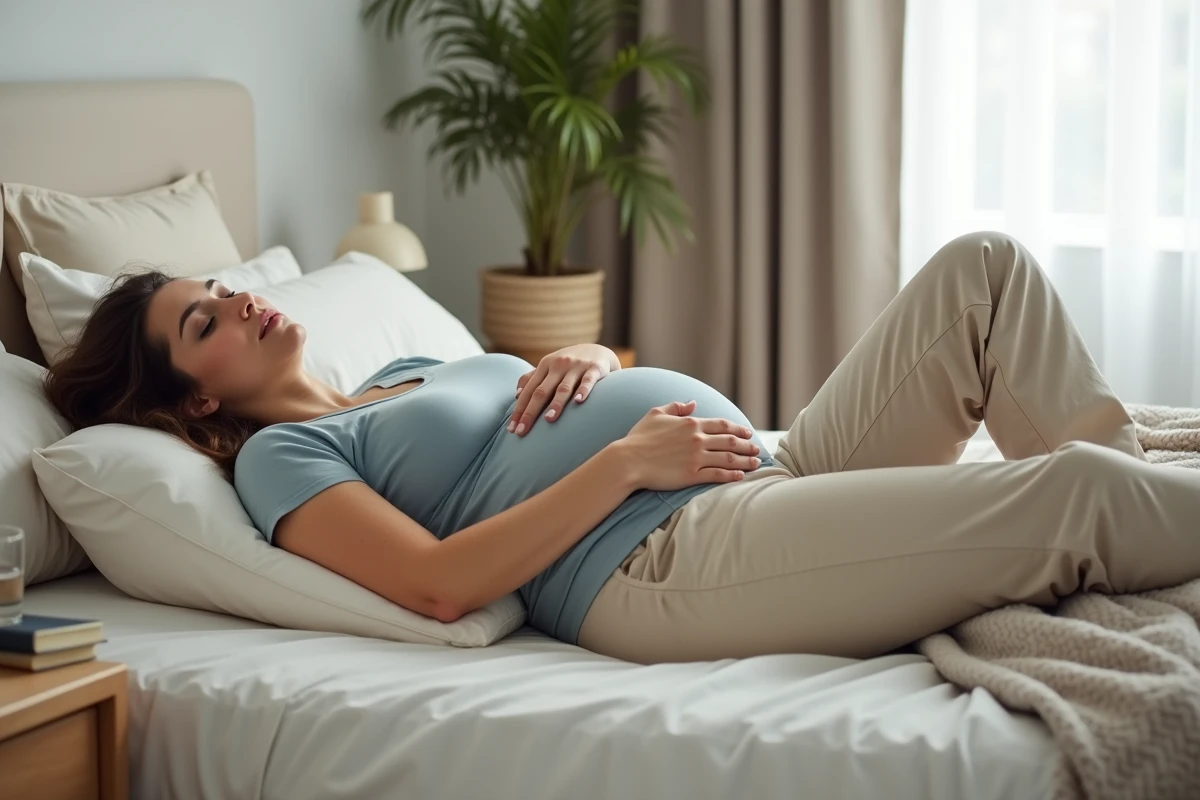 Femme enceinte allongée sur le côté avec un coussin de grossesse pour soulager la cruralgie au quotidien