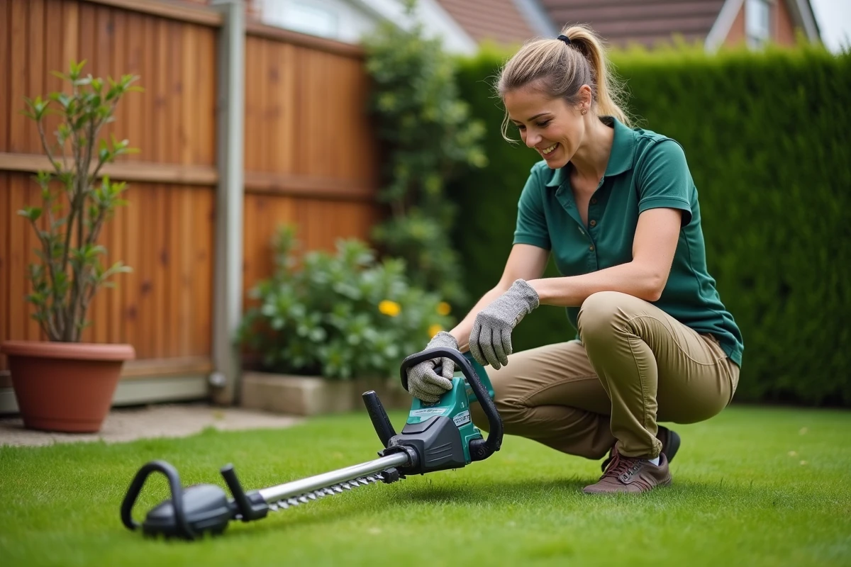 Femme inspectant et remplaçant le fil de coupe de sa débroussailleuse sans fil sur une pelouse de jardin résidentiel
