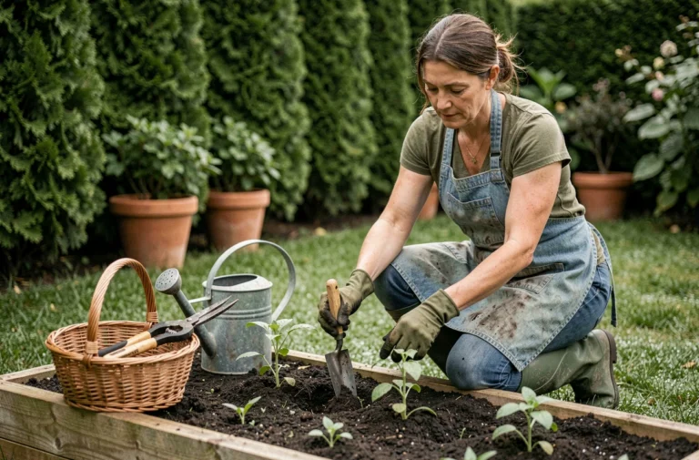 Femme jardinant avec des outils essentiels comme une truelle, un sécateur et un arrosoir dans un potager surélevé en bois