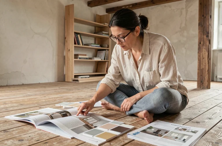 Femme consultant des magazines de décoration et guides de rénovation sur le sol d'une pièce en cours de travaux
