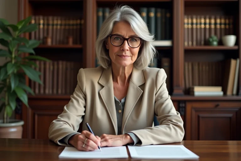 Femme signant une procuration pour succession chez un notaire