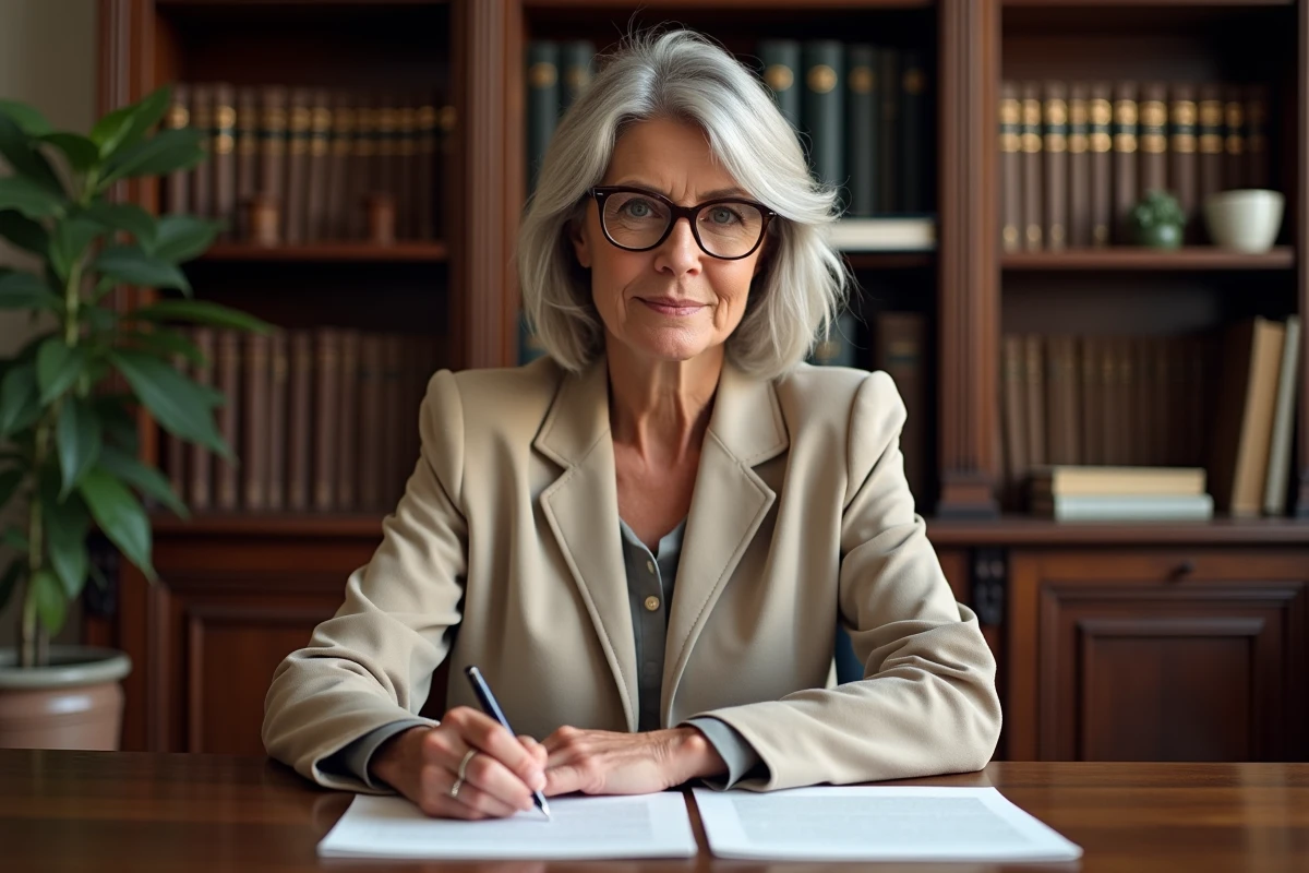 Femme signant une procuration pour succession chez un notaire
