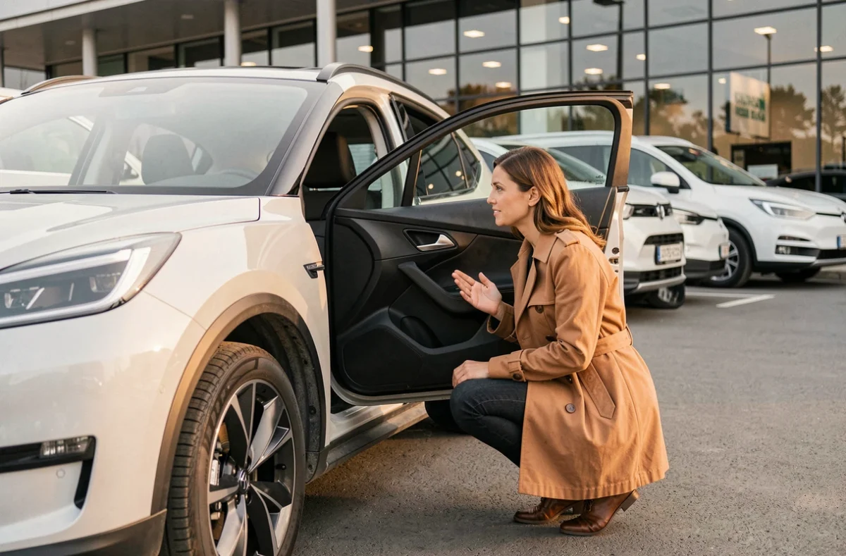 Femme inspectant l'intérieur d'un SUV électrique chez un concessionnaire, guide des nouveautés automobiles