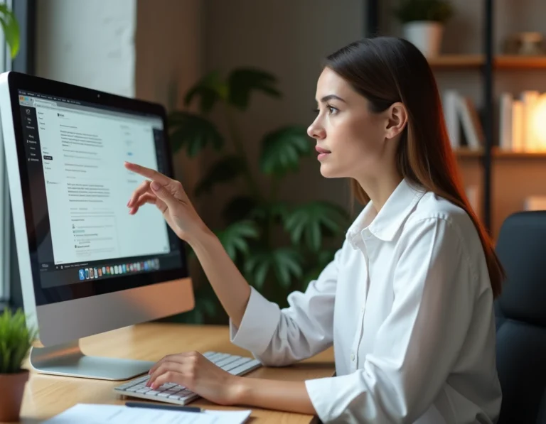 Femme professionnelle en agence web analysant la conception d'un site internet sur un écran iMac dans un bureau moderne