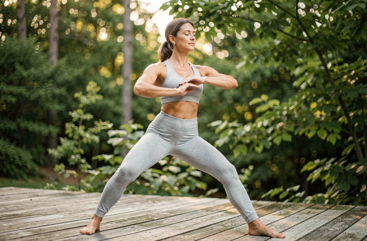 Femme pratiquant le yoga en plein air sur une terrasse en bois entourée de verdure pour améliorer son bien-être