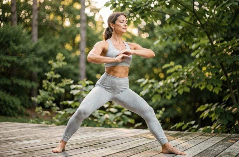 Femme pratiquant le yoga en plein air sur une terrasse en bois entourée de verdure pour améliorer son bien-être