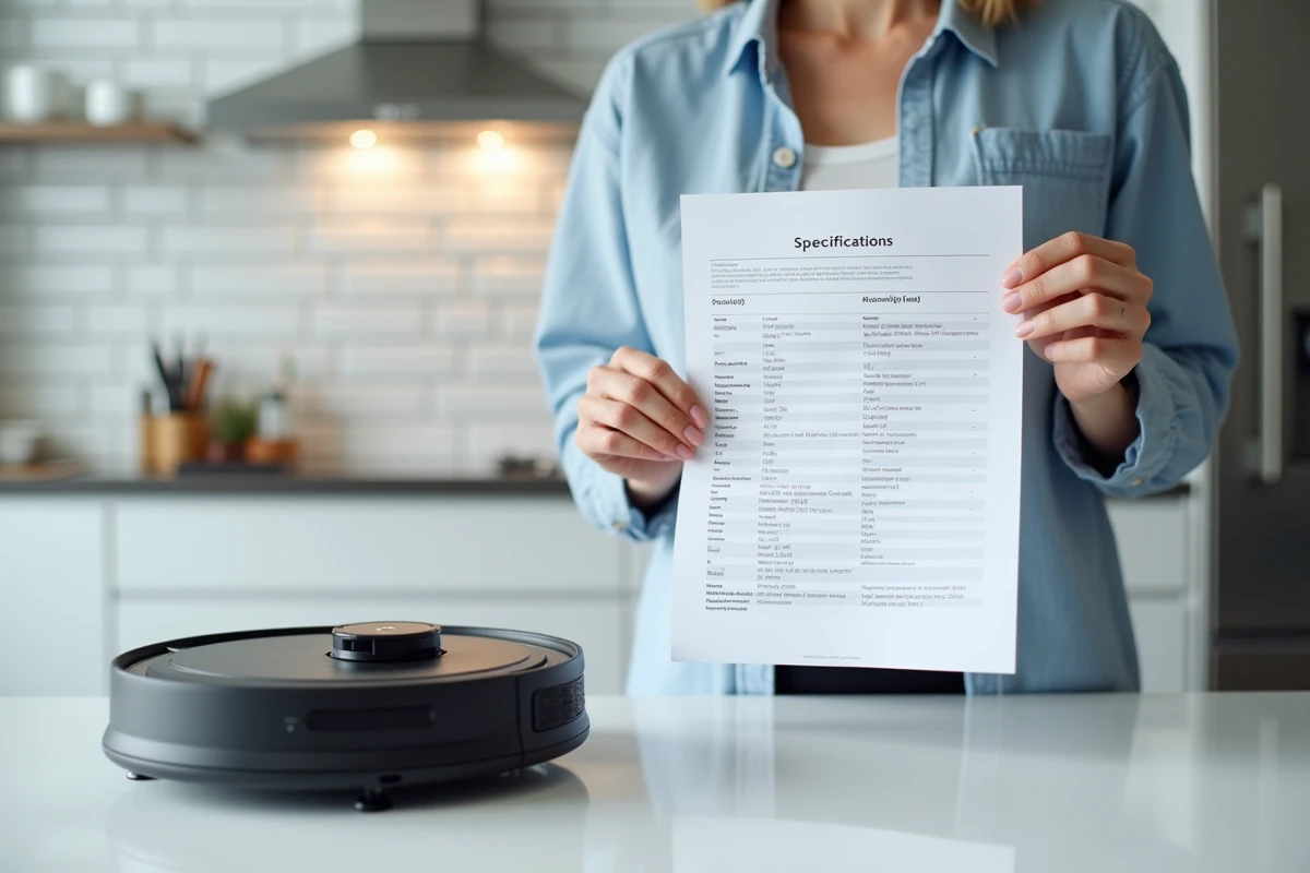 Femme consultant une fiche technique de puissance en Pascal pour choisir un aspirateur robot