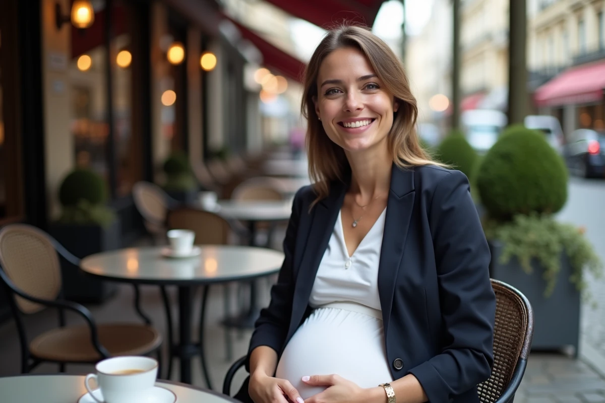 Femme enceinte élégante assise en terrasse de café parisien, sourire naturel et ambiance urbaine raffinée