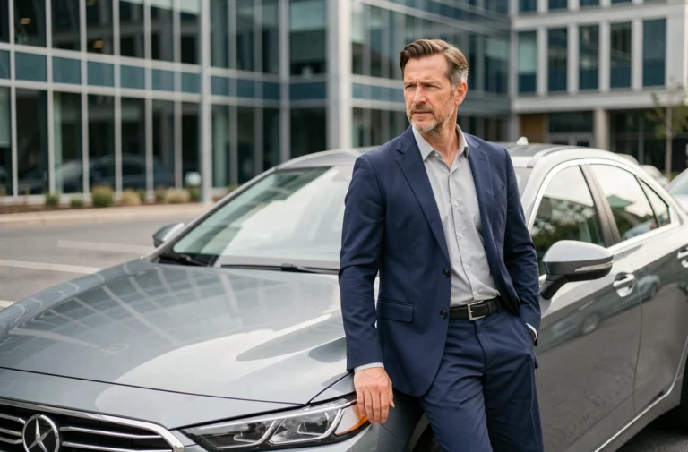 Homme en veste marine appuyé sur une berline moderne dans un cadre urbain, illustrant un guide d'achat automobile
