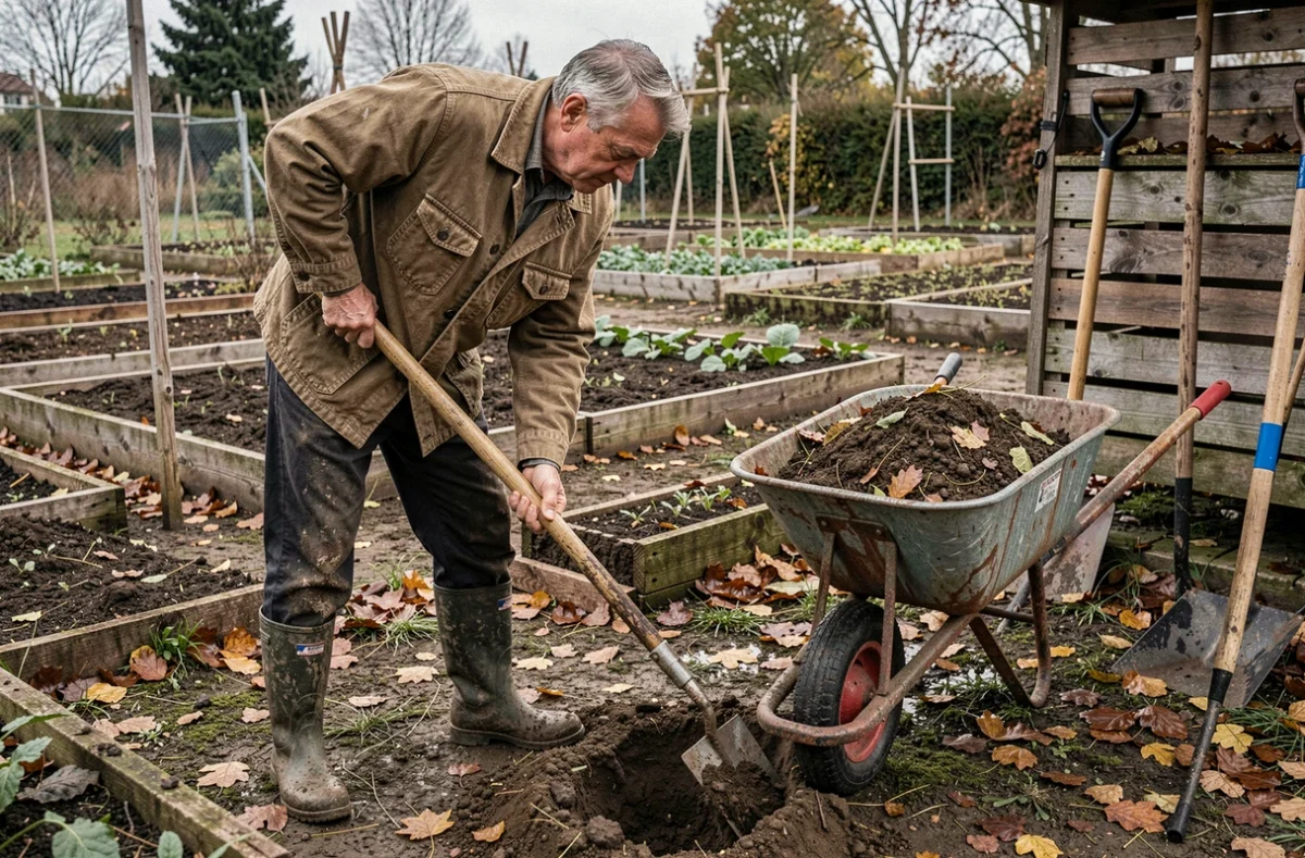 Homme retournant la terre avec une bêche dans un potager en automne, avec brouette et composteur en arrière-plan