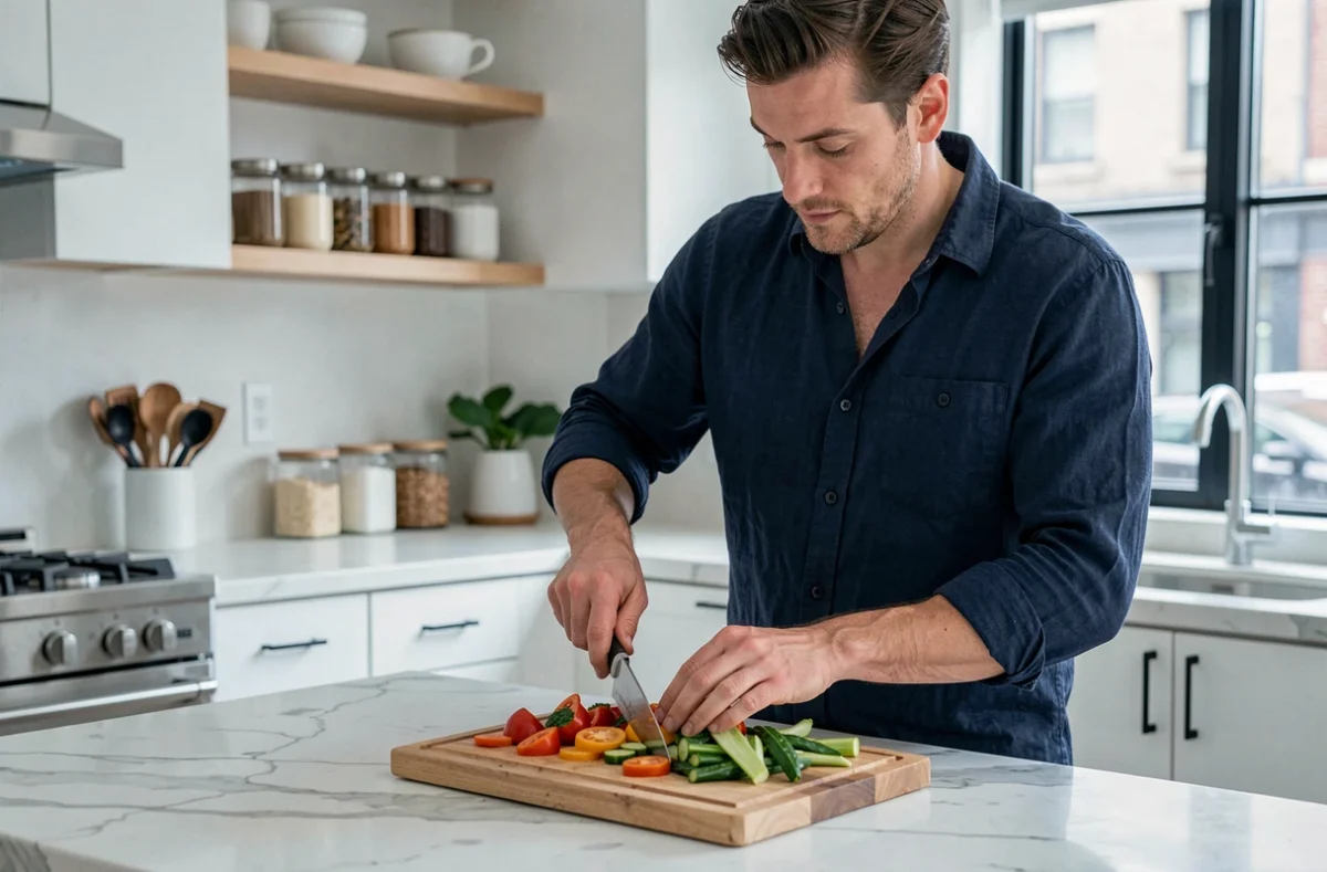 Homme préparant un repas sain et coloré dans une cuisine moderne pour prendre soin de sa santé au quotidien