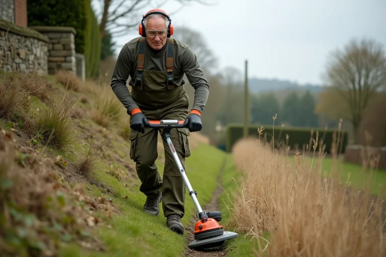 Homme utilisant une débroussailleuse professionnelle pour entretenir les bordures d'un jardin en pente avec végétation dense