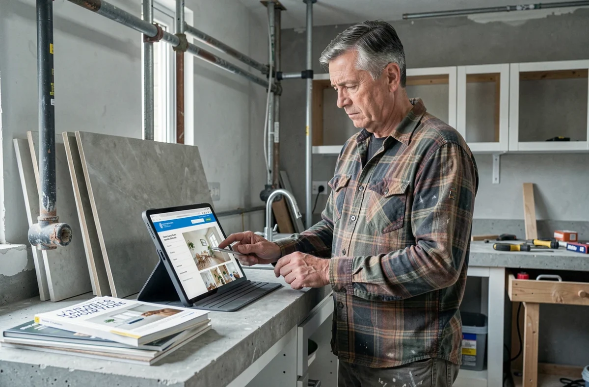 Homme consultant un guide de rénovation en ligne sur tablette dans une cuisine en travaux