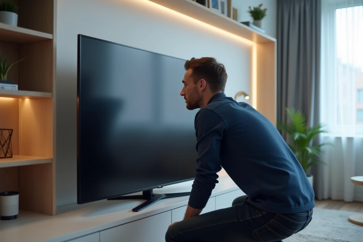 Homme lisant l'étiquette au dos d'une Smart TV pour trouver le code du modèle