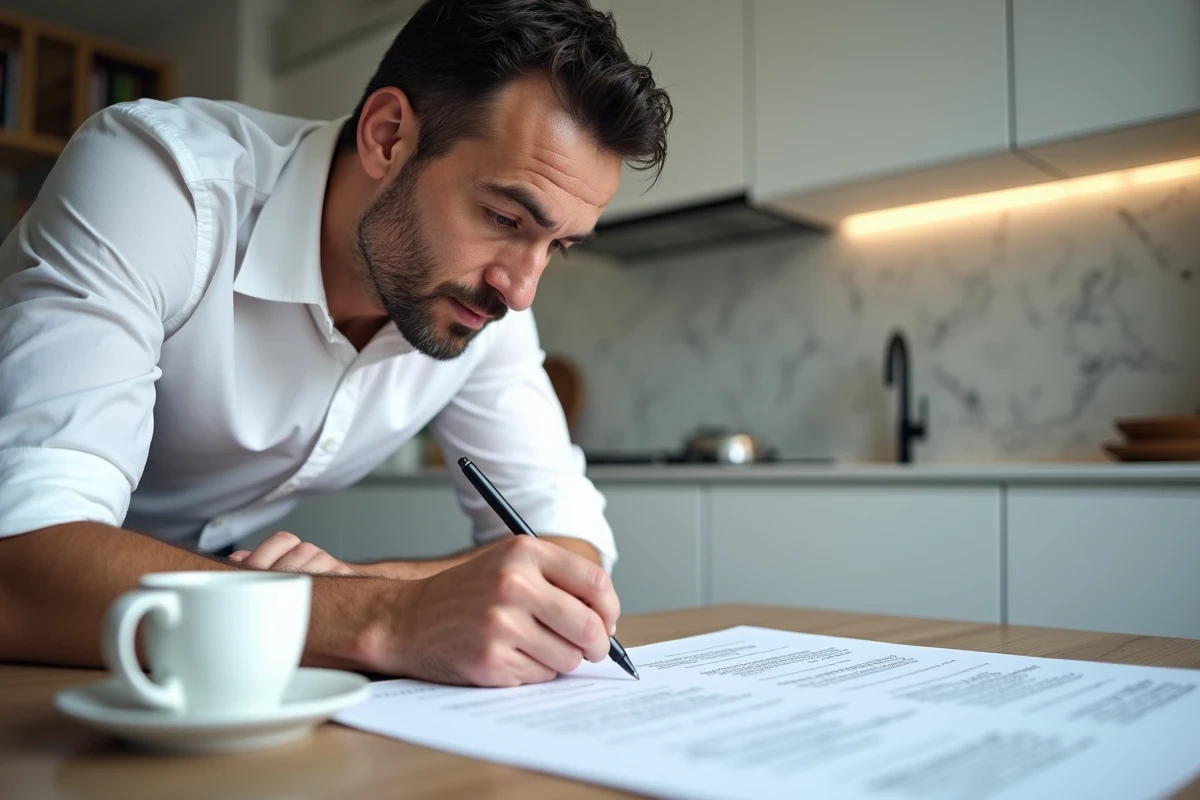Homme relisant une procuration de succession à domicile