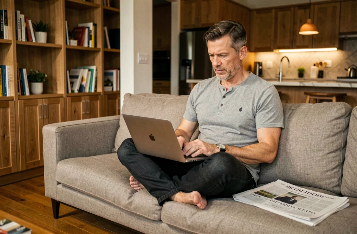Homme lisant les tendances et actualités du moment sur un ordinateur portable dans son salon
