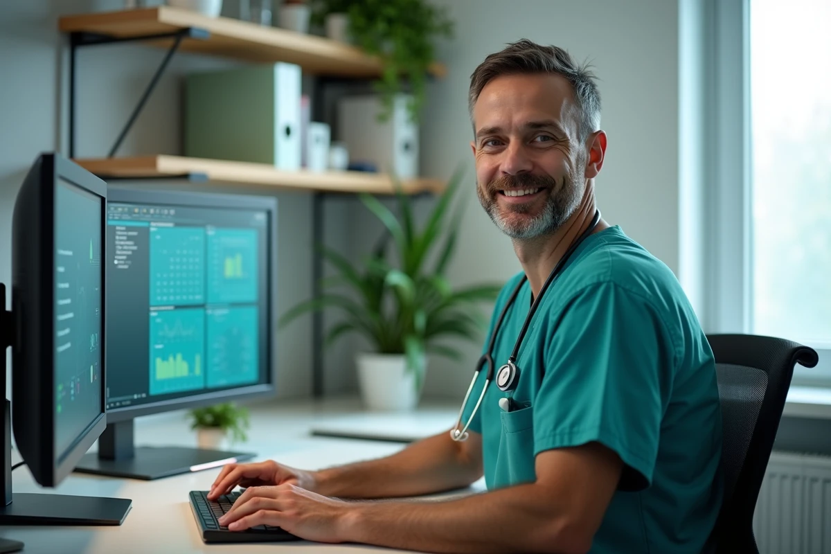 Infirmier masculin en blouse teal travaillant sur un poste informatique avec un logiciel de gestion de patients, représentant les outils numériques innovants en milieu de soins