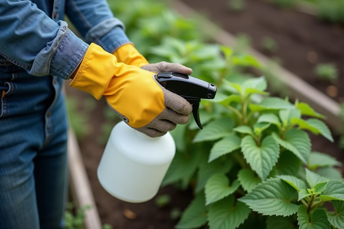 Jardinier hésitant avec un spray chimique devant des orties, illustrant les risques de l'utilisation de produits chimiques comme la javel au jardin